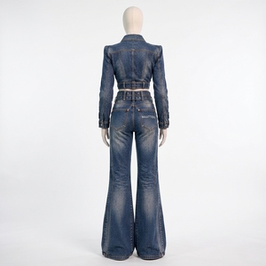 Womens Blue Denim Two Piece Set Cropped Fitted Jacket Flared Jeans <b>Double</b> <b>Buckle</b> <b>Belt</b> Custom OEM ODM Wholesale Clothing Supplier - Product Image 4