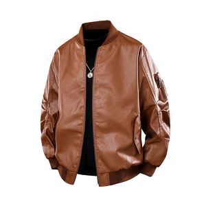 Blouson Bomber en Cuir PU pour Homme, Couleur Unie, Col Montant, Fermeture Éclair, Manches Classiques, Style Automne, Manteau Moto Biker - Product Image 6