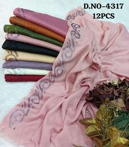 Ensemble de foulards hijab élégants en coton, lin et satin, à motifs floraux, avec broderie complexe en spirale de strass de cristal, 12 pièces multicolores - Product Image 3