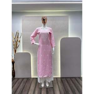 DISEÑADOR RAYON ALGODÓN BORDADO TRABAJO KURTI CON PALAZZO BEBÉ ROSA - Product Image 2