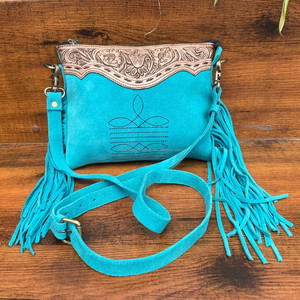 Hot Selling Hand Tooled Turquoise Suede Leather <b>Boot</b> Stitch Crossbody <b>Fringe</b> Bag Women's Western Leather Floral Bohemian Purse - Product Image 2
