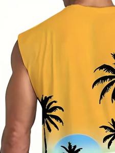 Men's Sleeveless Tank Top Yellow Tropical Palm <b>Tree</b> Print O-Neck Casual Breathable Knitted Polyester Summer Wear gym singlet - Product Image 3