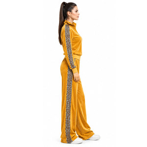 Survêtement en velours moutarde pour femme, imprimé léopard, bandes latérales, demi-zip, coupe décontractée, pour l'automne - Product Image 4