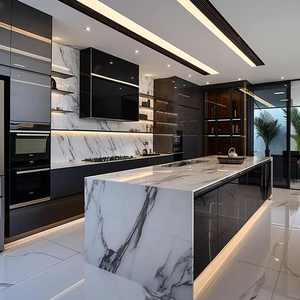 CBMmart Gris brillant personnalisé - Panneau de porte en verre sans poignée avec éclairage LED intégré et grands plateaux en marbre cascade - Product Image 6