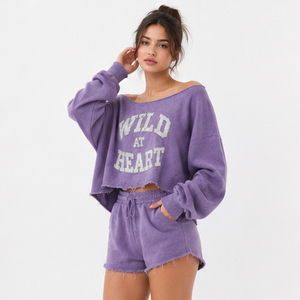 Conjunto de Sudadera Oversize de Felpa con Hombros Descubiertos y Dobladillo Deshilachado para Mujer, y Shorts de Felpa Francesa con Hombros Descubiertos y Dobladillo sin Rematar - Product Image 3
