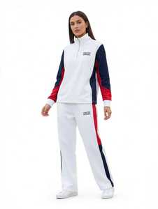 Ensemble de survêtement pour femme, blanc, à blocs de couleur, demi-zip, manches longues, longueur intégrale, style sportif - Product Image 5