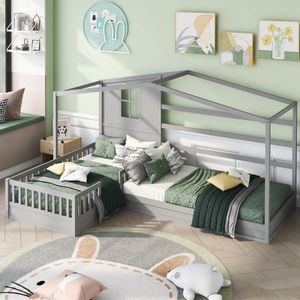 Letto a capanna in legno massello grigio, misura singola, con 2 strutture a L e recinzione per bambini - Product Image 2