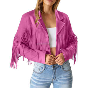 Hot Pink Vintage Suede Leather Fringe Tassel Crop Chaquetas de mujer Boho Western Cowboy Style Manga larga Transpirable Otoño Solapa - Product Image 1