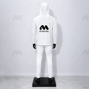 Men <b>White</b> Hooded <b>Tracksuit</b> Full Zipper Sporty Style Breathable Polyester Solid Color With Side Pockets Regular Fit Spring Wear - Product Image 3