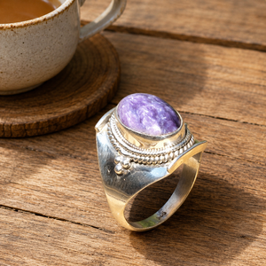 Natural Charoite Gemstone <b>Statement</b> <b>Ring</b> 925 Sterling Silver Rose Gold Yellow Gold Plated Handmade Designer <b>Ring</b> for Anniversary - Product Image 1