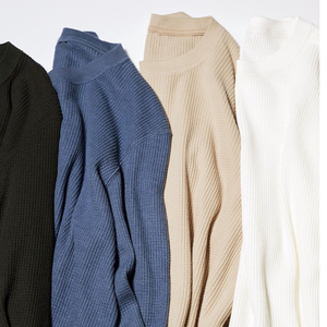 T-shirts thermiques personnalisés en gros pour hommes, à manches longues, en maille gaufrée, col rond, coupe ample, décontractés, sous-vêtements, tenues de détente - Product Image 6