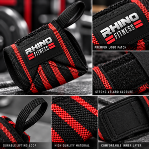 ผ้าพันข้อมือสำหรับมือซ้าย Rhino Fitness สีดำแดง ทำจากผ้าฝ้าย พร้อมห่วงร้อยนิ้วโป้งและแถบตีนตุ๊กแกสำหรับยกน้ำหนัก - Product Image 5