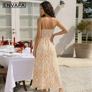 Women's Woven Floor-Length <b>High</b>-<b>Waist</b> A-Line Summer <b>Dress</b> V-neck Printed Strappy Design Casual Breathable Fabric ENVAFA Brand - Product Image 6
