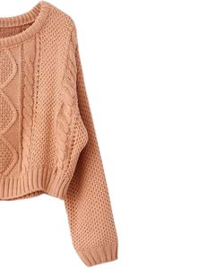 เสื้อสเวตเตอร์ไหมพรมลายเพชรสำหรับผู้หญิง สีพีช ทรงหลวม สวมใส่สบาย อุ่นเหมาะสำหรับฤดูหนาว แบบครอป - Product Image 4