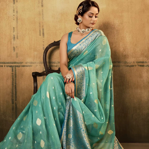 Soft Tusser Silk Traditional Kalamkari Weaving <b>Saree</b> with <b>Blouse</b> for Party Wedding & Diwali - Product Image 1