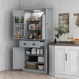 71-Inch Gray <b>Kitchen</b> <b>Pantry</b> Storage Cabinet with LED Lights 6 Door Shelves 1 Drawer 4 Adjustable Shelves - Product Image 2