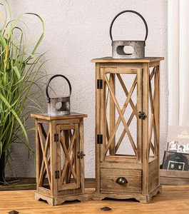 Rustic Wooden Candle <b>Lantern</b> <b>Set</b> Decorative Farmhouse <b>Lantern</b> with Glass Panels and Storage Drawer - Product Image 1