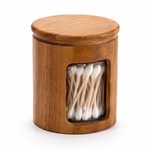 Pot à cotons-tiges en verre avec insert en bois de teck Aqdus Saleem |   Salle de bain moderne du milieu du siècle, artisanale, écologique et légère - Product Image 1