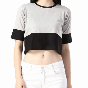 Women's Cropped Blouse Short Sleeve Crew Neck Color Blocked Knitted Casual <b>Top</b> Regular Fit Spring Summer White Black Spliced - Product Image 5