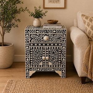 Mesa Auxiliar y Taburete de Diseño Moderno de Lujo con Incrustaciones de Hueso Cuadradas y Resina de Madera, Patrón Floral para Sala de Estar, en Oferta - Product Image 1
