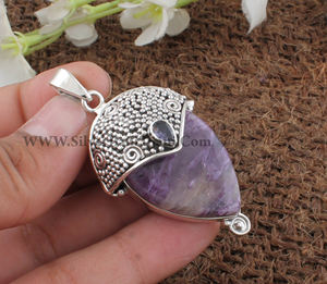 Colgante de Charoita Natural Rusa, Plata de Ley 925, Engaste de Platino, Estilo Vintage, Collar con Gema Púrpura - Product Image 3