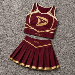Ensemble d'uniformes de cheerleading pour femmes, bordeaux et or, polyester et élasthanne, haut court et jupe plissée, tenue de compétition - Product Image 1