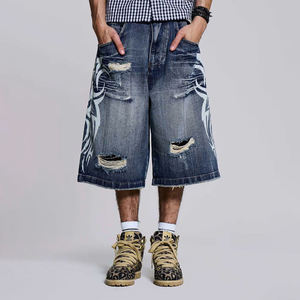 <b>Mens</b> Washed Black Tribal Tattoo Graphic Denim Jorts Oversized Baggy Fit Distressed Ripped Skater Style Streetwear Apparel - Product Image 2