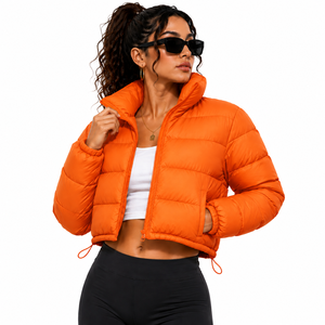 Orange Quilted Puffer Jacket Women's Winter <b>Coat</b> Stand Collar Zipper Closure Regular <b>Length</b> <b>Full</b> Sleeve Solid Color <b>Waterproof</b> - Product Image 1