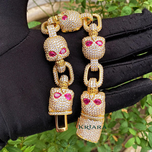 Skull <b>Bracelet</b> 925 Gold Plated Lab Grown Diamond <b>Ruby</b> Eyes Hiphop Unisex Everyday Wear - Product Image 2