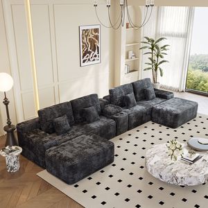 Divano Componibile a 5 Posti con 2 Pouf, Larghezza 150 cm, Comodo Divano a U in Tessuto di Velluto a Coste NERO per Soggiorno - Product Image 3