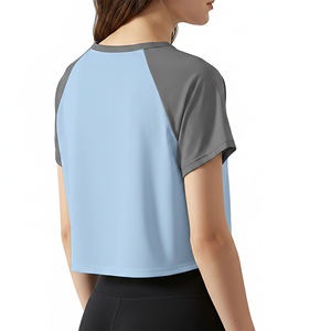New Arrival 2026 Women's Cropped Color Blocked T-Shirt Raglan Sleeve O-<b>Neck</b> Quick Dry Sporty Knitted Short Sleeve <b>Light</b> Blue - Product Image 3