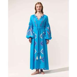 Women Turquoise Cotton Maxi Dress Geometric Embroidery <b>Balloon</b> Sleeve V Neck Tie Waist Boho Dress - Product Image 5