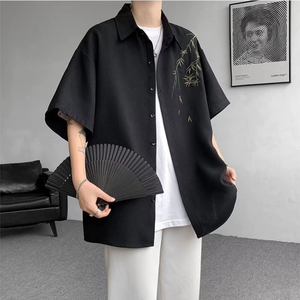 Chemise à manches courtes noire surdimensionnée pour homme avec broderie à la main motif bambou, col rabattu, vêtements décontractés d'été - Product Image 6