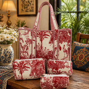 Women Red Jungle Toile Cotton Quilted Tote Bag Handmade Shoulder Bag with Cosmetic Pouch Combo - Product Image 2