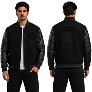 Veste universitaire en cuir bleu marine foncé avec écusson étoile, corps en laine premium, broderie au dos, style Letterman - Product Image 4