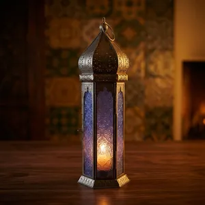Lanterne hexagonale en métal de style marocain ornée avec panneau en verre gaufré violet, décoration d'intérieur, porte-bougie durable - Product Image 2