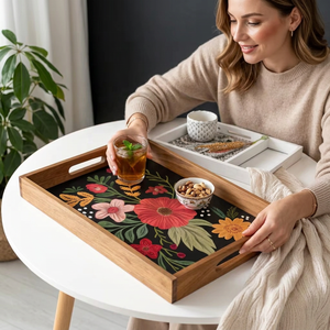 Indian Handicrafts' Customizable Rectangle Wooden Platter Printed <b>Storage</b> Tray Tableware Bathroom Color Enamel American Style - Product Image 1