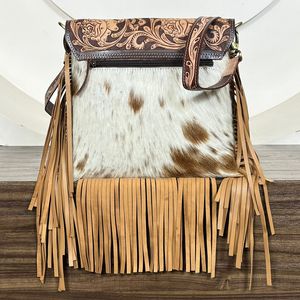 New Wholesale Fashion Women's Hand Tooled Cowhide Leather Fringe Crossbody Shoulder Handbag Luxury <b>Designer</b> Purse for Women's - Product Image 5