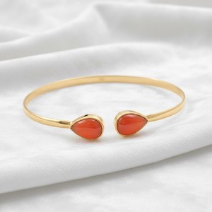 Pear Shape Red Coral <b>Bangle</b> <b>Bracelet</b> 925 Sterling Silver 14K Gold Plated Dainty Adjustable Boho Gemstone Jewelry - Product Image 1
