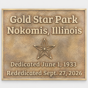 Plaque commémorative Star Park en laiton gravée avec lettres en relief pour Nokomis, Illinois - Product Image 1