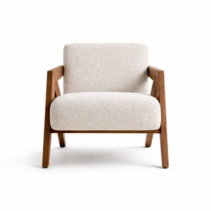Fauteuil en bois moderne avec structure géométrique et revêtement beige, chaise de salon style mid-century, pieds en bois massif - Product Image 3