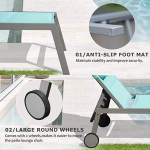 Lake Blue Ensemble de chaises longues de patio en aluminium pour l'extérieur Chaises longues inclinables 3 pièces avec roues rembourrées en textilène pour tous - Product Image 3
