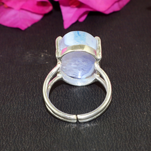 Royal Fashion Natural Lite Blue Agate Slice Gemstone <b>Ring</b>, 925 Silver Plated Brass Prong Setting Boho Jewelry for <b>Women</b> Girls - Product Image 3