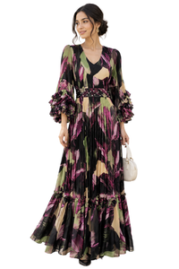 Robe longue élégante en mousseline à imprimé floral bohème, col en V, manches à volants, coupe trapèze ample, pour soirée d'été, taille naturelle, ourlet plissé - Product Image 3