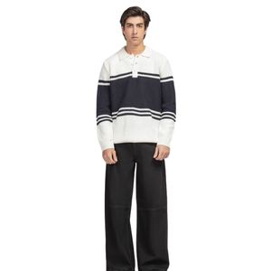 Pull Polo Rayé Bleu Marine et Blanc pour Homme, Manches Longues, Col Boutonné, Tricot Décontracté Tendance, Fabricant de Vêtements en Maille - Product Image 3