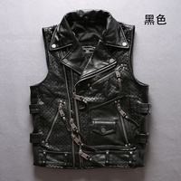 Gilet de motard en cuir de vachette perforé avec fermeture éclair croisée et plusieurs poches pour hommes OEM ODM