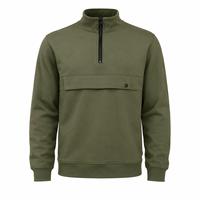 Sweat-shirt en molleton pour homme, vert olive, col montant, fermeture éclair quart, coupe classique, couleur unie, avec poche, style automne