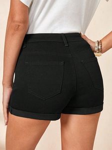 Shorts de mezclilla negros de cintura alta para mujer, color sólido, casuales, de verano, corte regular, con bolsillos, tela de algodón tejida - Product Image 2