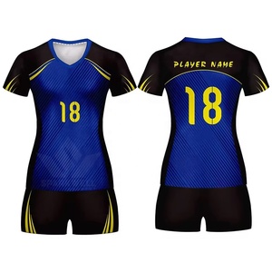 Custom Women's Blue Black Yellow Sublimated <b>Volleyball</b> Jersey <b>Set</b> Short Sleeve Moisture Wicking Fitted Adult Sports Apparel - Product Image 4