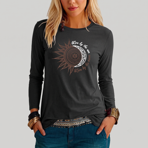 Camiseta Gráfica Boho de Manga Larga Ajustada para Mujer, con Estampado de Sol y Luna, de Algodón Transpirable, Cuello Redondo, Disponible en Tallas XS a 6XL, OEM - Product Image 1